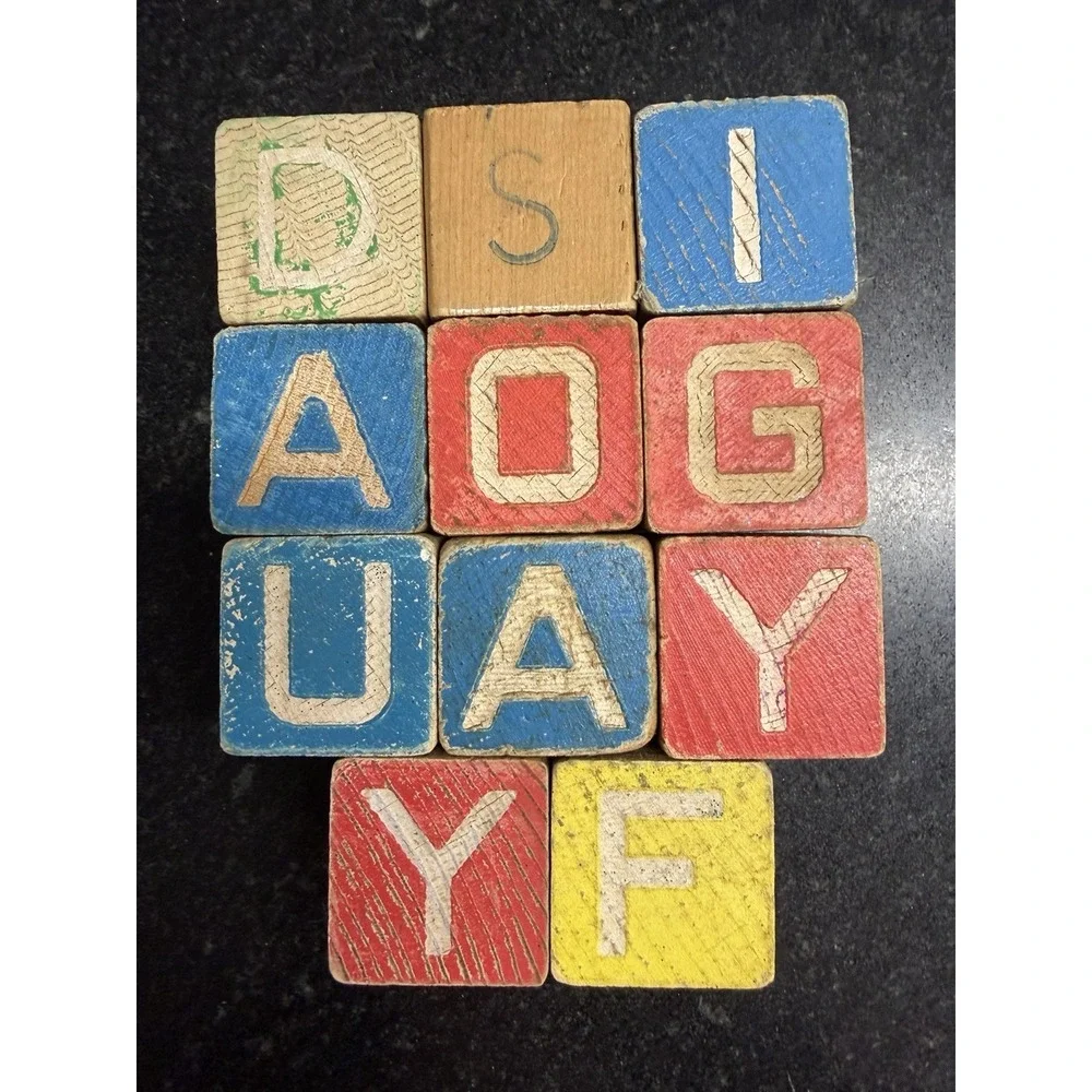 1930s–40s Disney‎ Wooden Alphabet Blocks Halsam Mickey Pluto Figaro Fiddler Pig